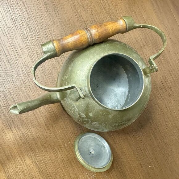 Antique Brass Tea Pot Kettle Original Old Hand Crafted Etched Wood Handle - Picture 7 of 7